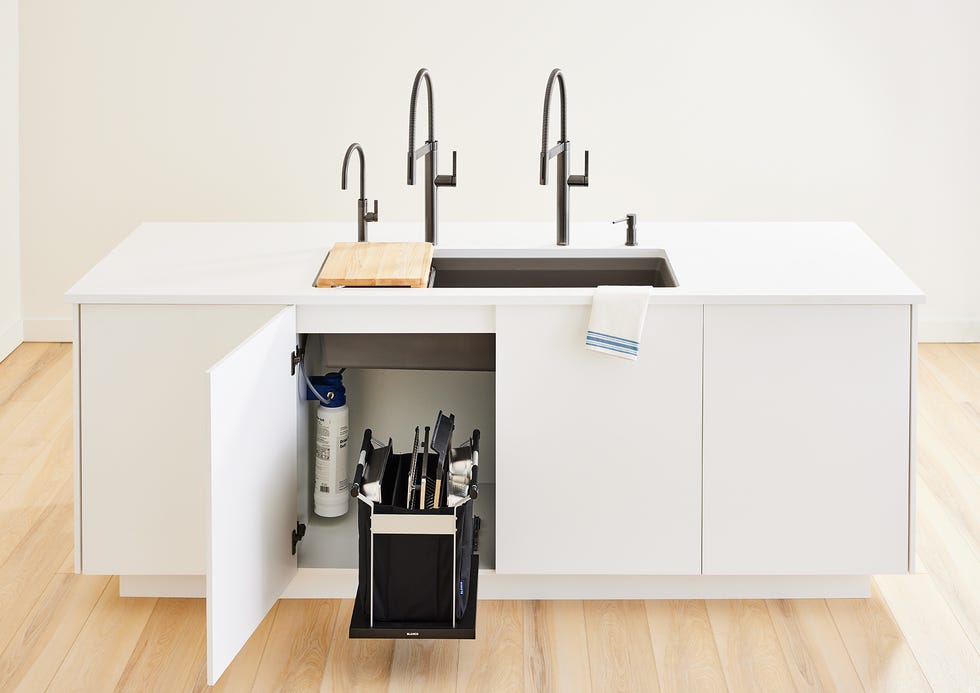 kitchen sink area with dual faucets and storage underneath