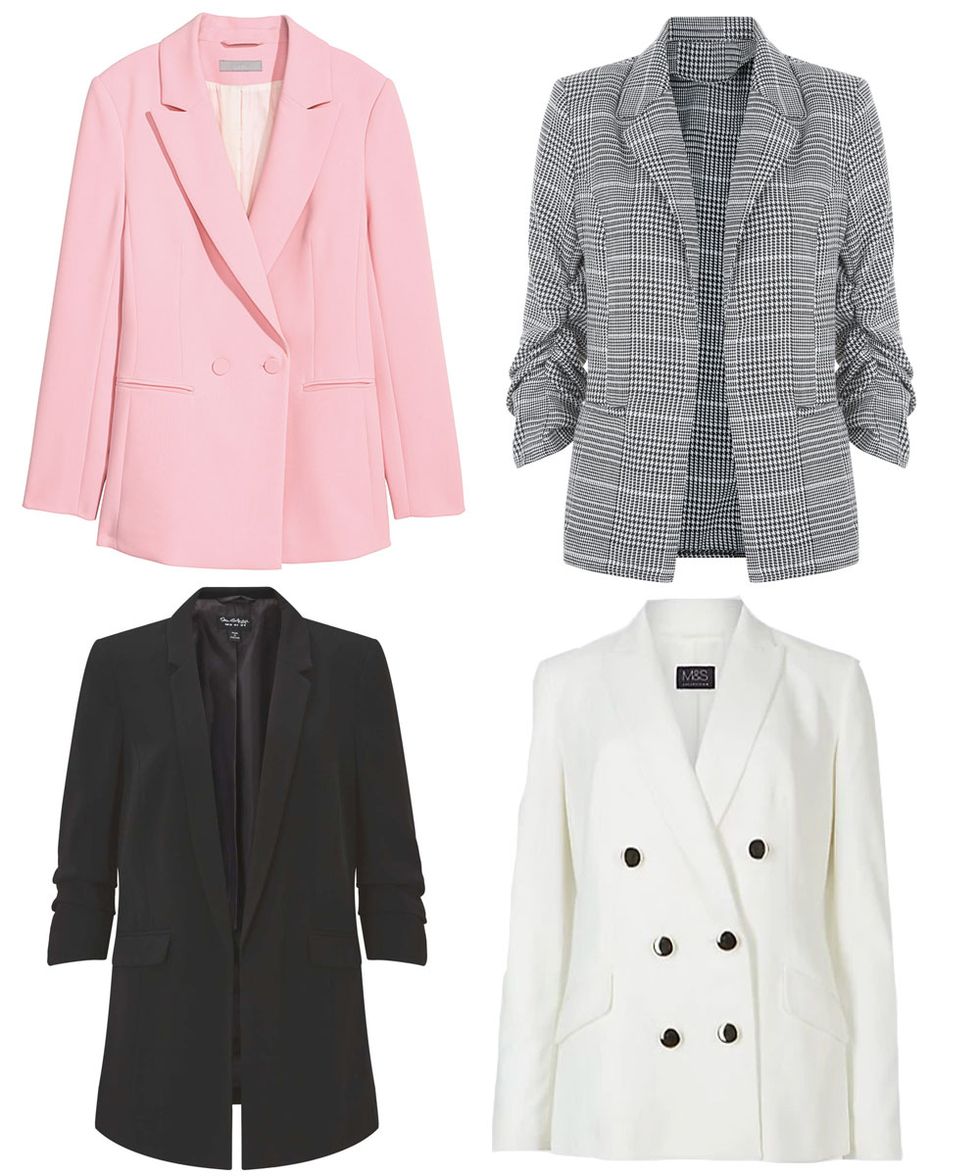 Clothing, Outerwear, White, Blazer, Jacket, Sleeve, Button, Pink, Suit, Formal wear, 