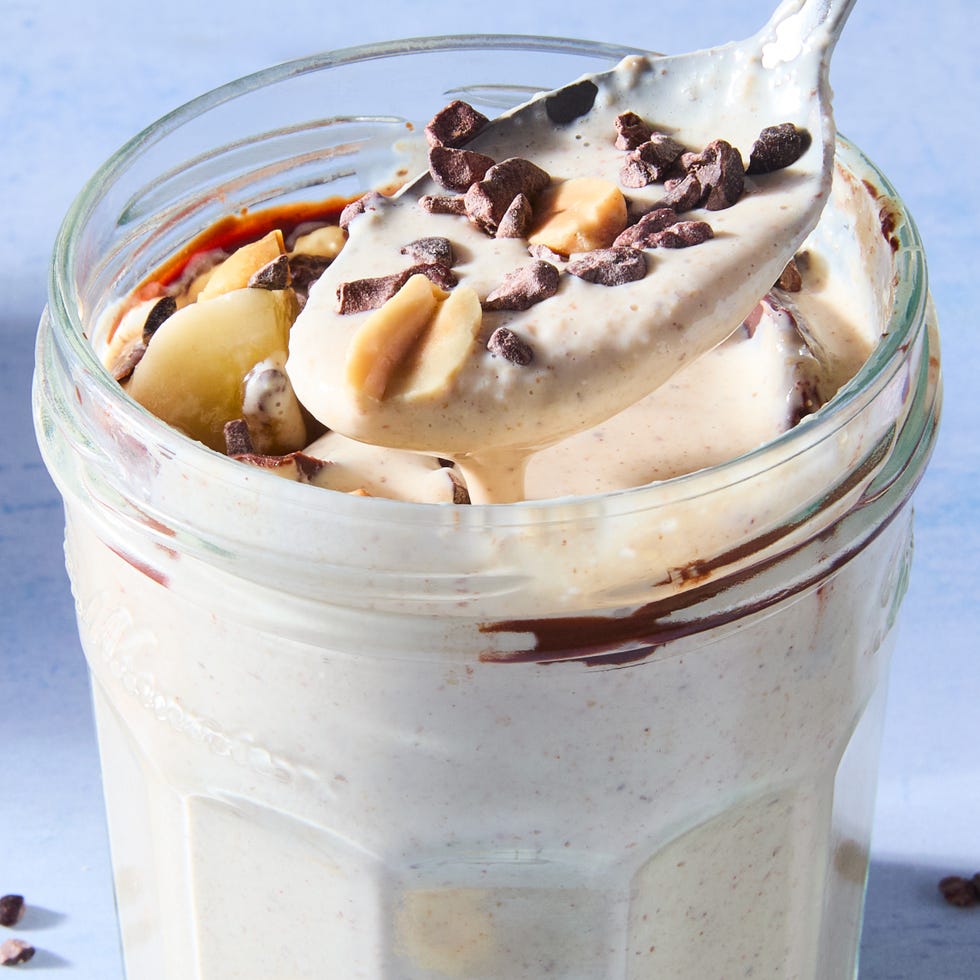 blended overnight oats in a jar with toppings
