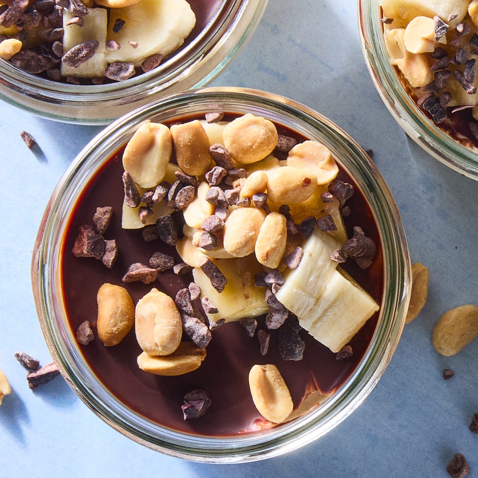 blended overnight oats in a jar with toppings