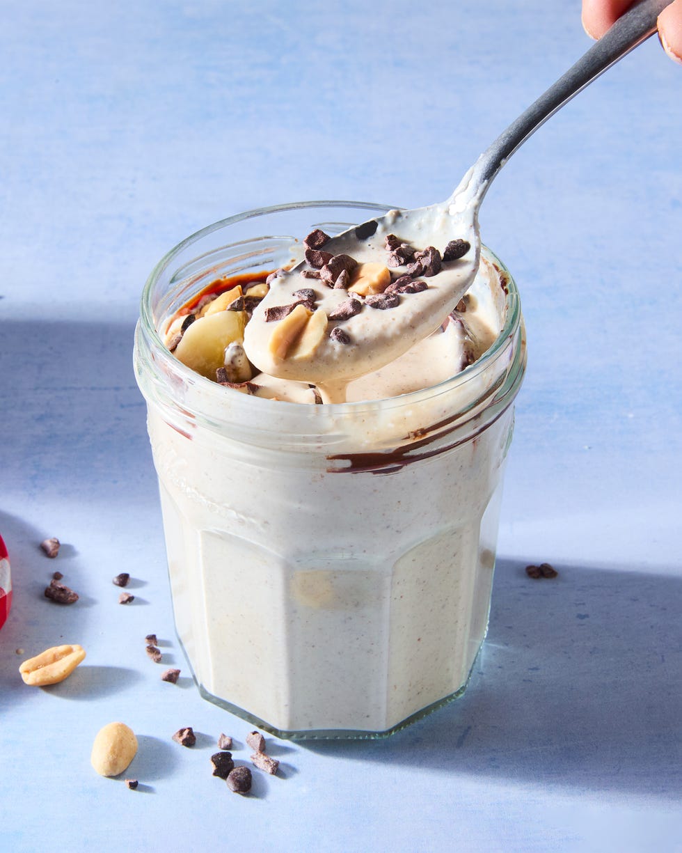 blended overnight oats in a jar with toppings