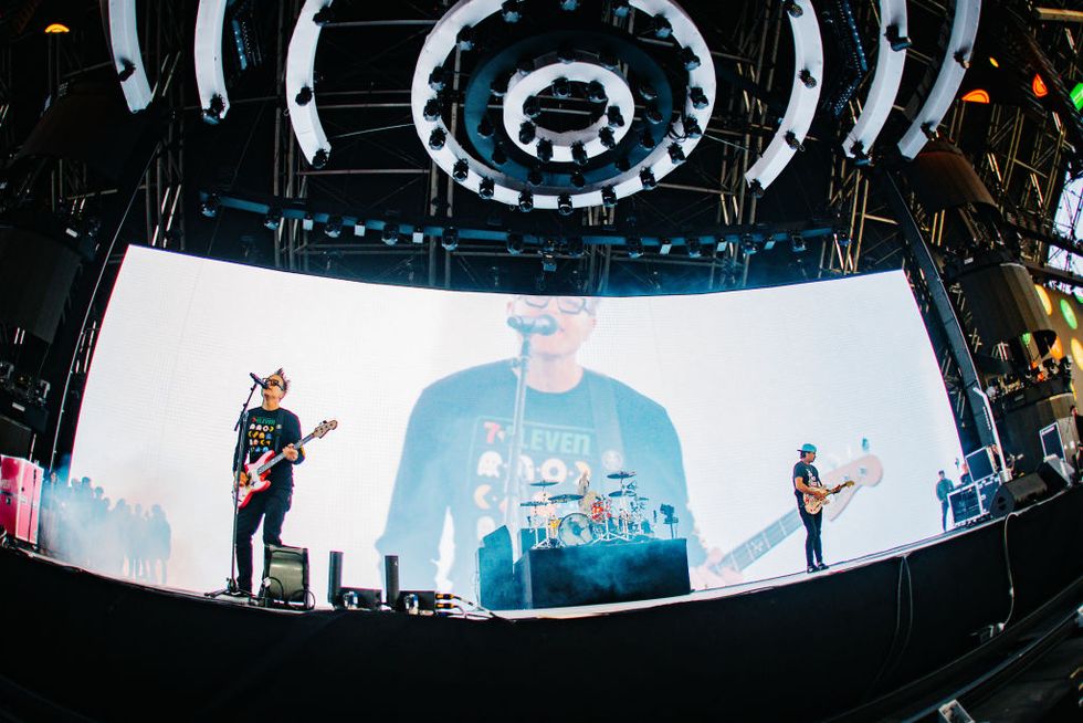 indio, california april 14 mark hoppus, travis barker, and tom delonge of blink 182 performs at the sahara tent during the 2023 coachella valley music and arts festival on april 14, 2023 in indio, california photo by matt winkelmeyergetty images for coachella