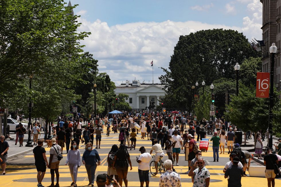washington, united states   june 5 black lives matter" was written in large yellow lettering that spanned over a block along 16th street, northwest, which runs to a park adjacent to the white house complex that was the site of federal law enforcement's violent dispersal of protesters on monday ahead of a trump photo opportunity in washington, united states on june 5, 2020 photo by yasin ozturkanadolu agency via getty images