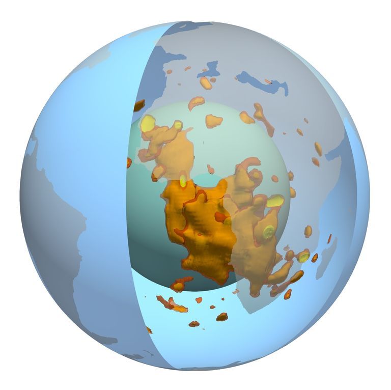simulated computer image of a blob of superhot material beneath africa deep in earth's mantle