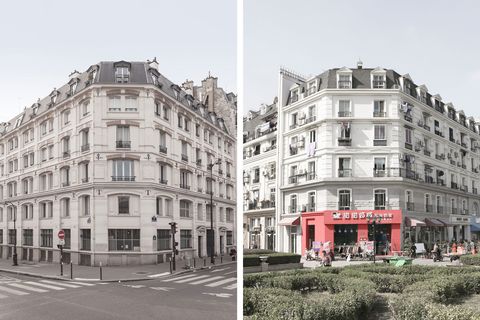 Gebouwen in Tianducheng rechts hebben veel weg van bouwwerken die in Parijs te vinden zijn links
