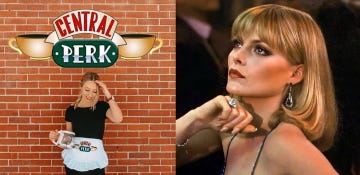 rachel from central perk and michelle pfeiffer as elvira hancock in 'scarface'