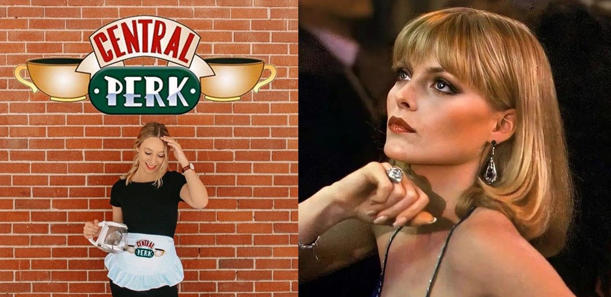 rachel from central perk and michelle pfeiffer as elvira hancock in 'scarface'