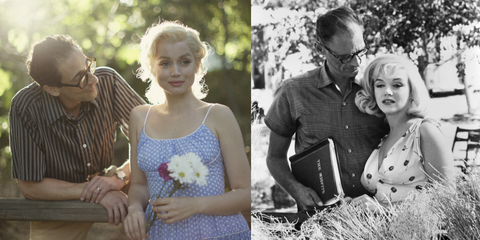 adrien brody and ana de armas as arthur miller and marilyn monroe beside the real playwright and actress