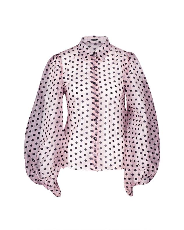 Clothing, Pattern, Polka dot, Outerwear, Sleeve, Design, Blouse, Violet, Shirt, Collar, 