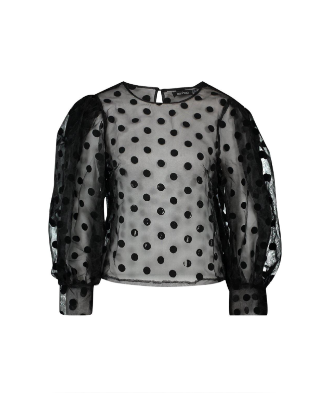 Clothing, Pattern, Black, Polka dot, Sleeve, Outerwear, Blouse, Design, Jacket, Top, 