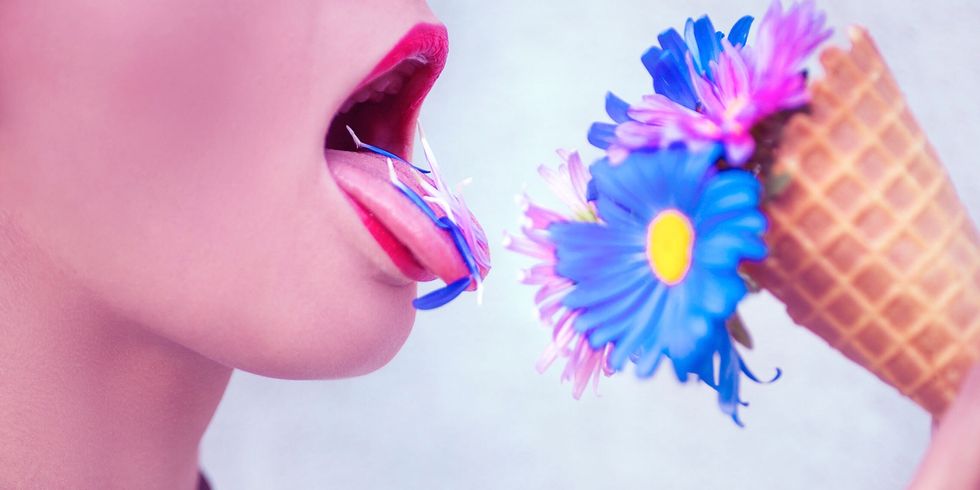 Blow job swallow | Woman eating ice cream and flowers