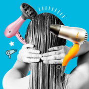 woman surrounded by hair dryers