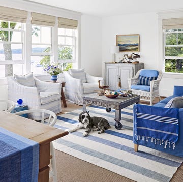 blue and white living room in a coastal house
