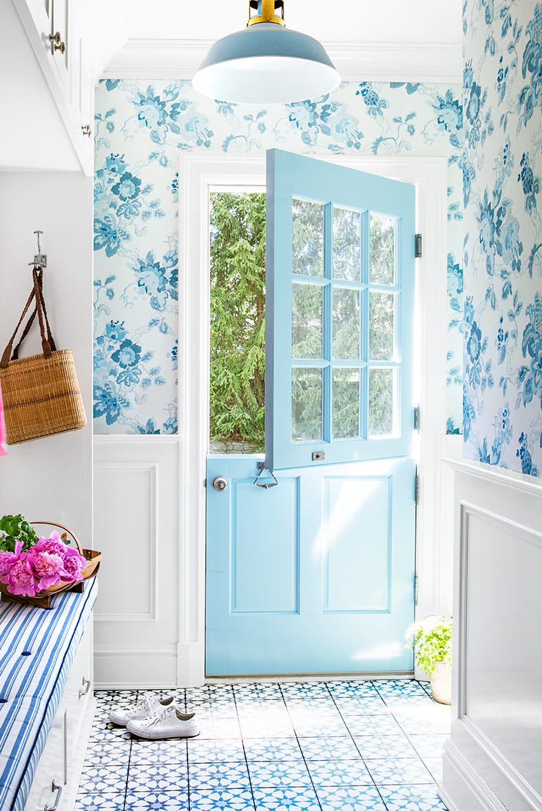 blue and white mudroom