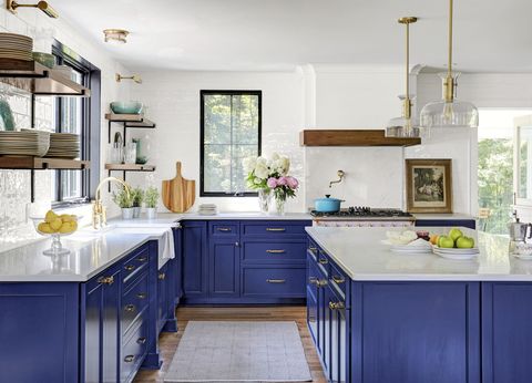 blue cabinets gold hardware kitchen idea