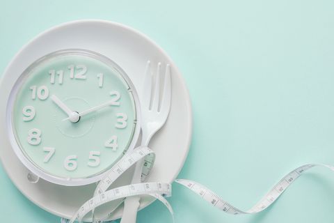 blue clock on white plate, intermittent fasting concept, ketogenic diet, weight loss, skip meal