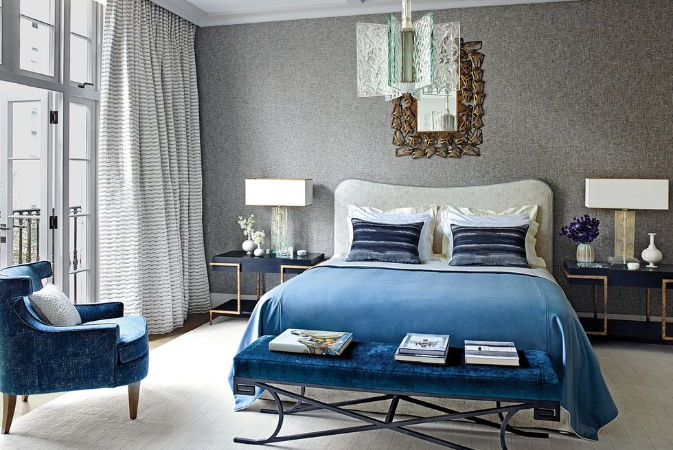 Blue, Room, Interior design, Green, Bed, Floor, Property, Wall, Textile, Bedding, 