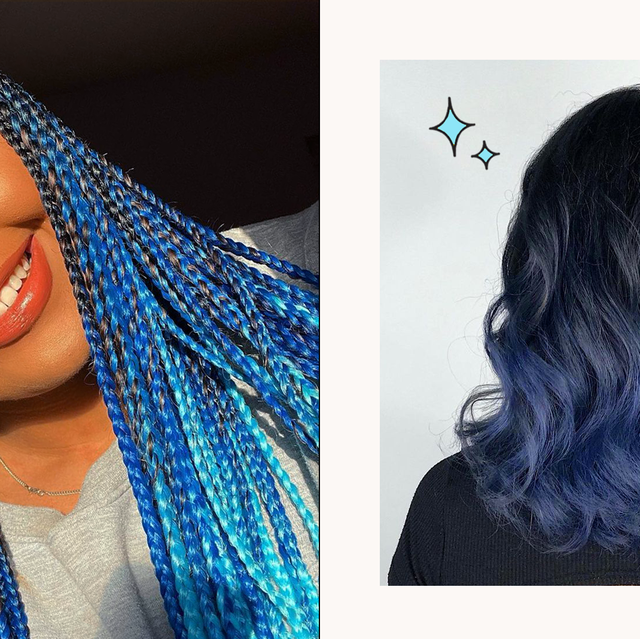 a woman with blue ombre box braids on the left on a gray and black background, and a woman with blue ombre curly hair on the left on a light blue background and a white frame