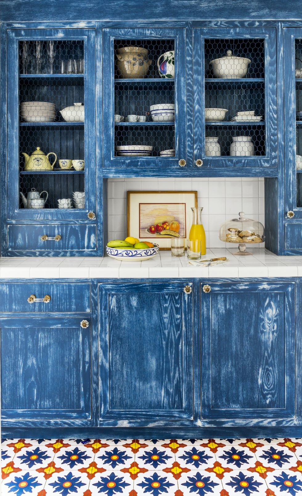 blue kitchen cabinet white hardware idea