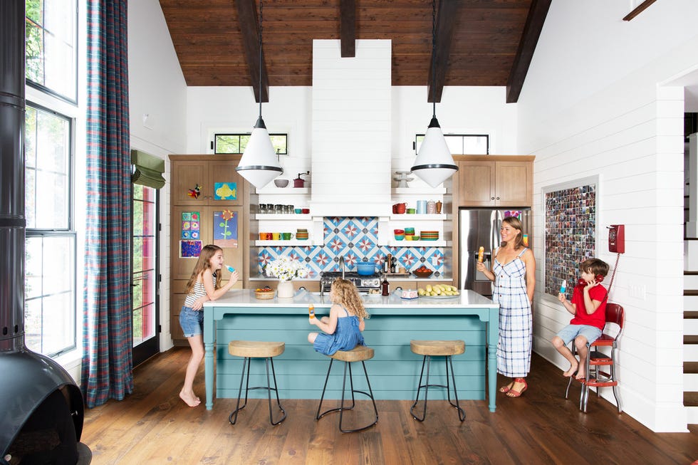 Lakeside kitchen with turquoise cabinets