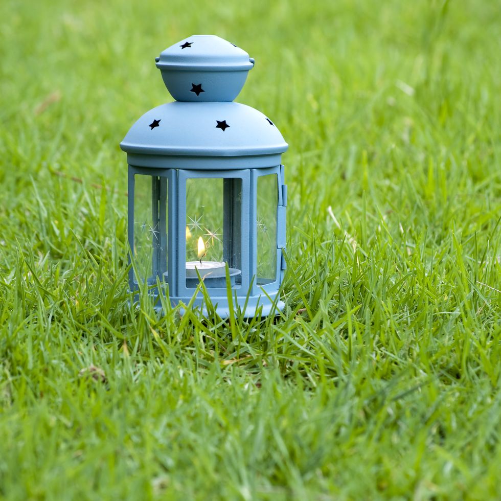 blue lantern, with burning candle inside, on green grass