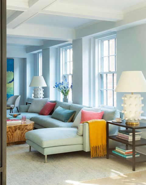 Furniture, Living room, Room, Interior design, Blue, Property, Yellow, Floor, Building, Turquoise, 