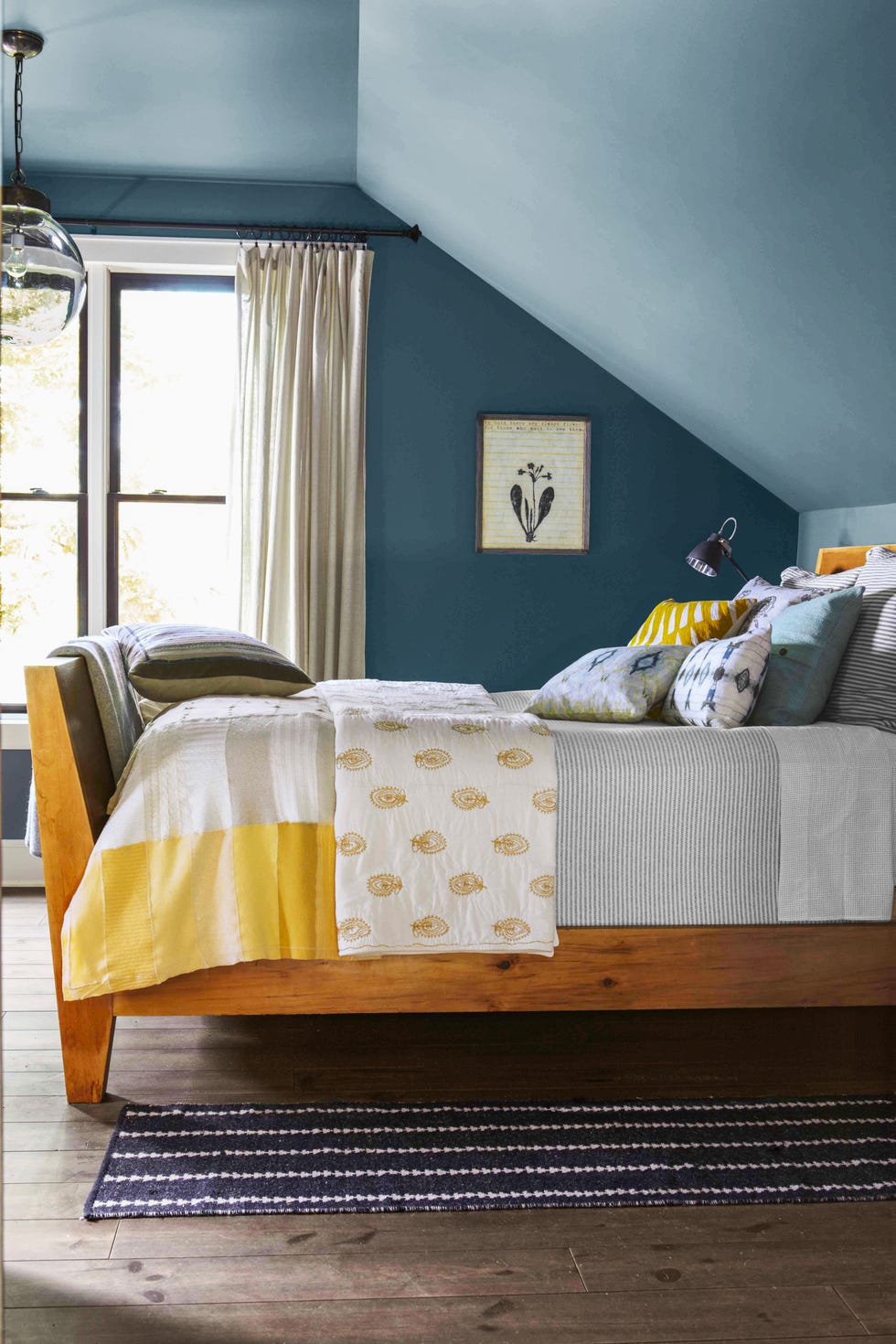 bedroom ideas, blue painted ceiling in the room, with a bed and yellow bedding