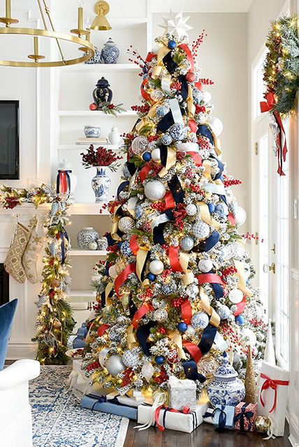 christmas tree decorations blue and red