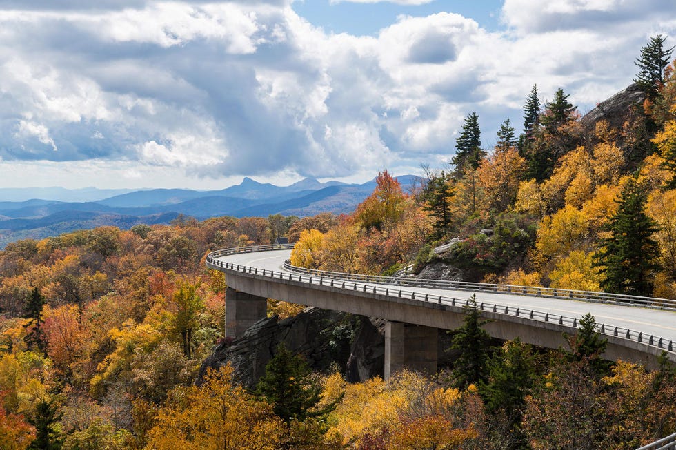 De bergen langs de bochten van de Blue Ridge Parkway in North Carolina staan vol prachtige herfstbomen