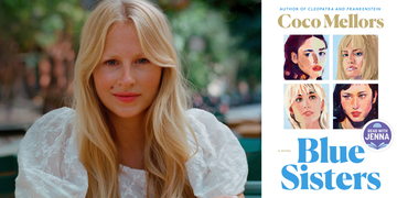 author coco mellors next to the cover of blue sisters