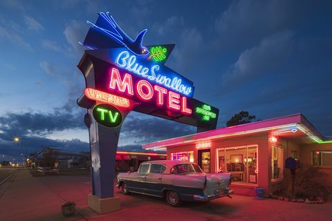 blue swallow motel at dusk