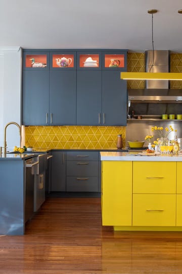 kitchen with blue and yellow cabinets