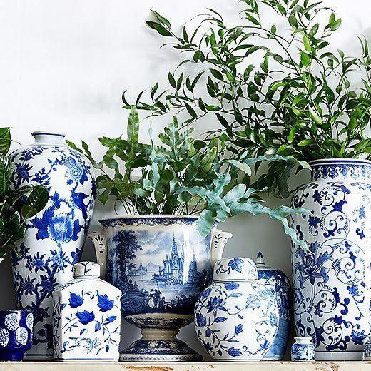 Blue and white porcelain, Porcelain, Blue, Ceramic, Shelf, Still life, Dinnerware set, Plant, Serveware, Room, 