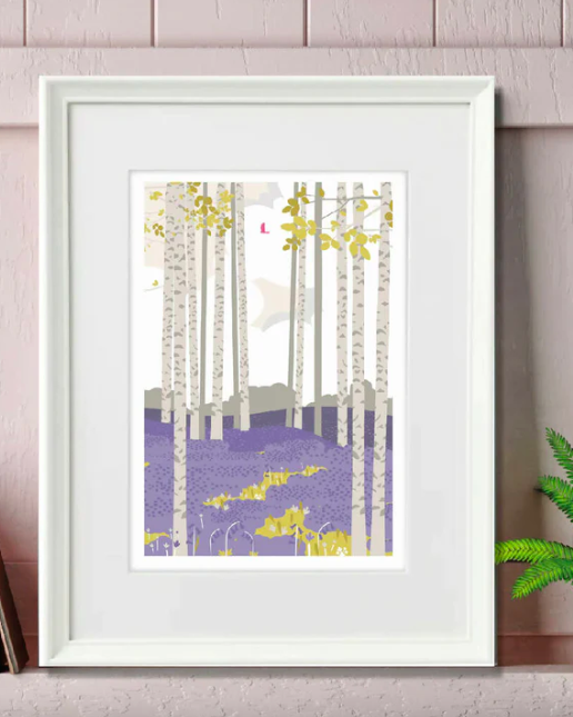 Bluebell Woods art print with card holder and purple and gray frame