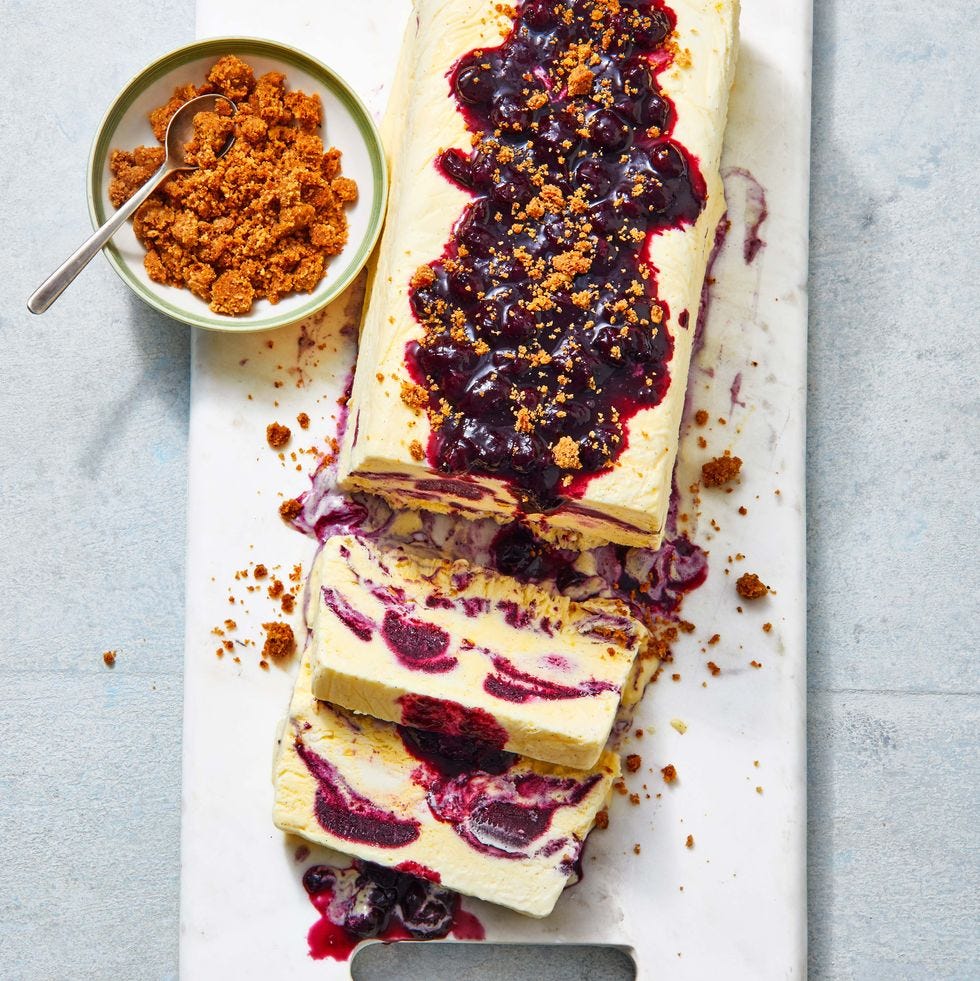 blueberry creme fraiche semifreddo with pecan crumble