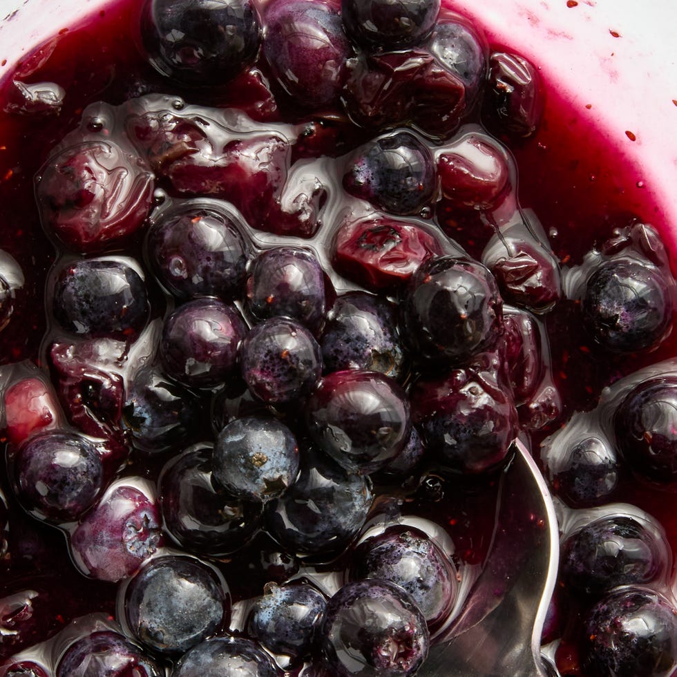 french toast casserole in a pan with blueberries