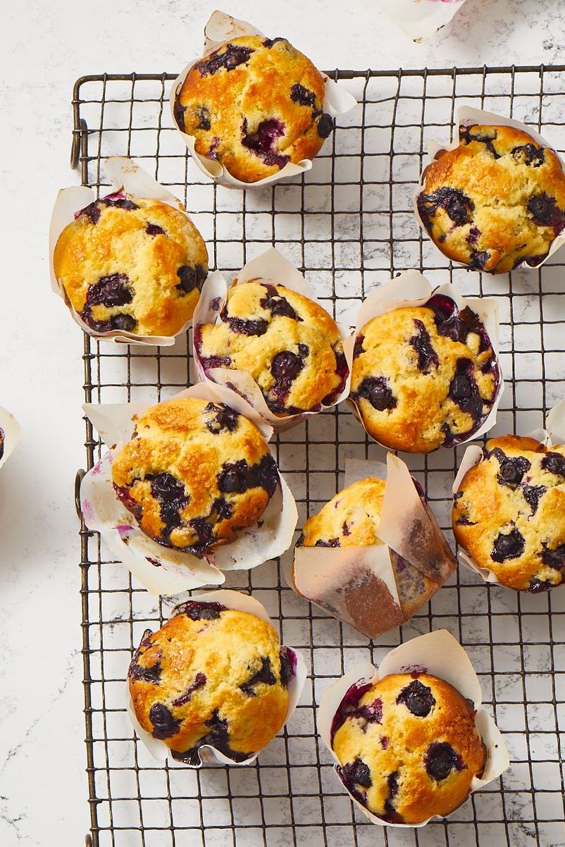 blueberry muffins on a wire rack