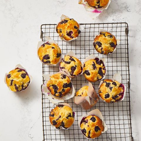 blueberry muffins on a wire rack