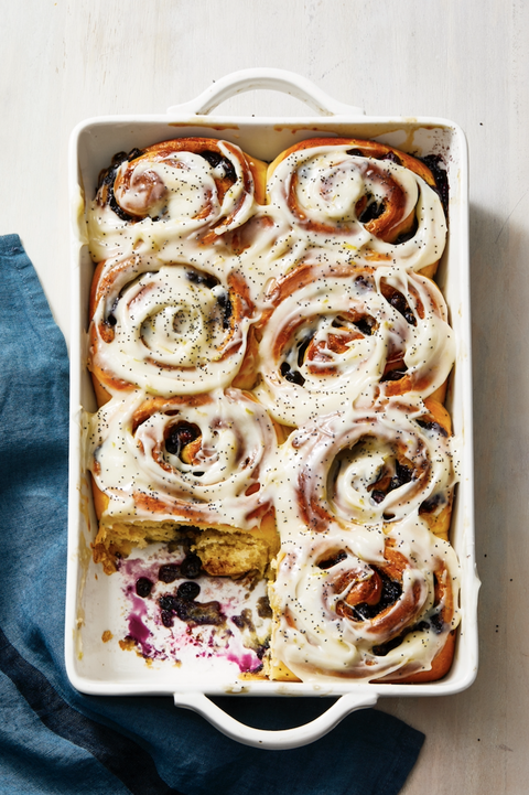 blueberry sweet rolls with lemon in a baking dish