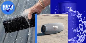 water splashing waterproof speaker and speaker on sand at beach