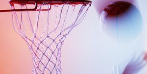 Blurred view of basketball going into hoop