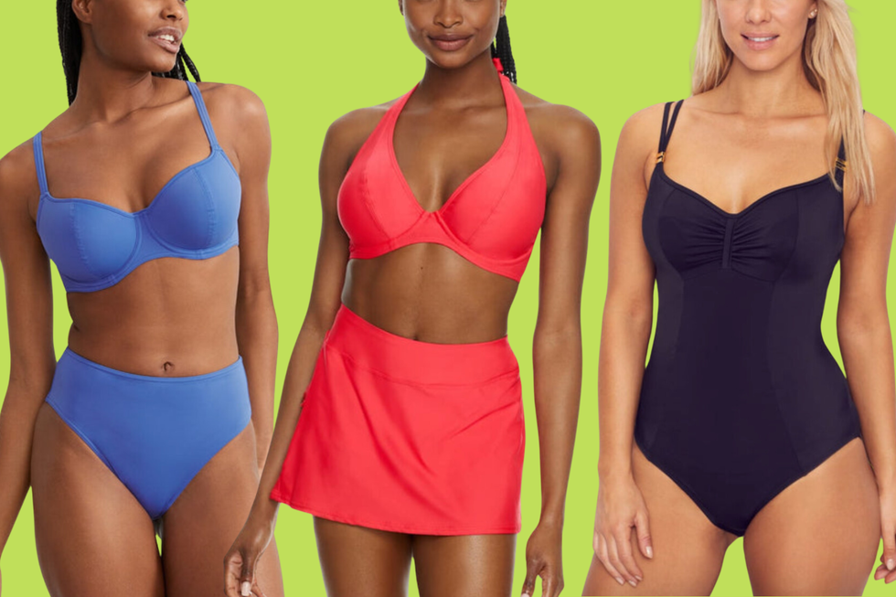 display of three swimwear styles from bare necessities on women against a bright green background