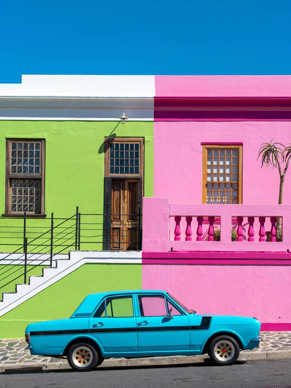 vintage car in the historic bo kaap neighbourhood, cape town, south africa
