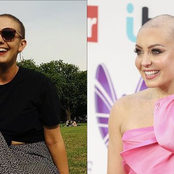 two women going through cancer treatment without their wigs on