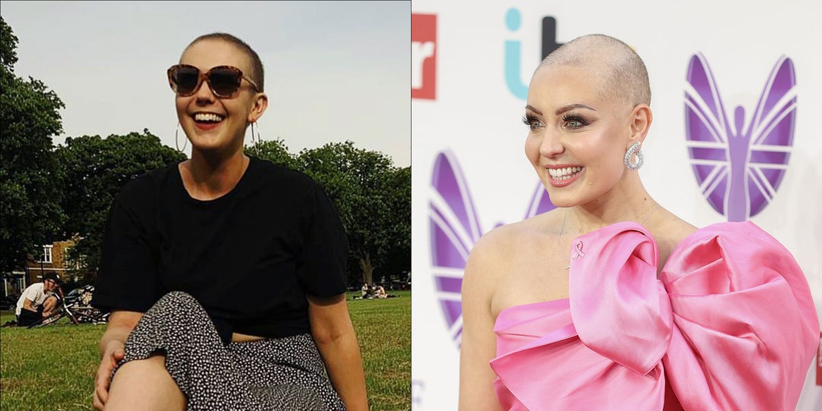 two women going through cancer treatment without their wigs on