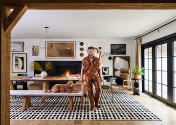 man and dog posing in a living room with modern, funky design, a structural chandelier, and a geometric rug