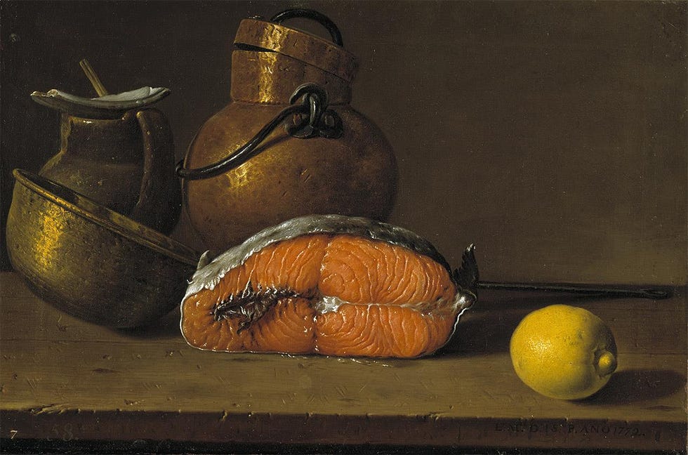 bodegón con salmón, limón y recipientes, de luis egidio melendez obra sita en museo del prado madrid