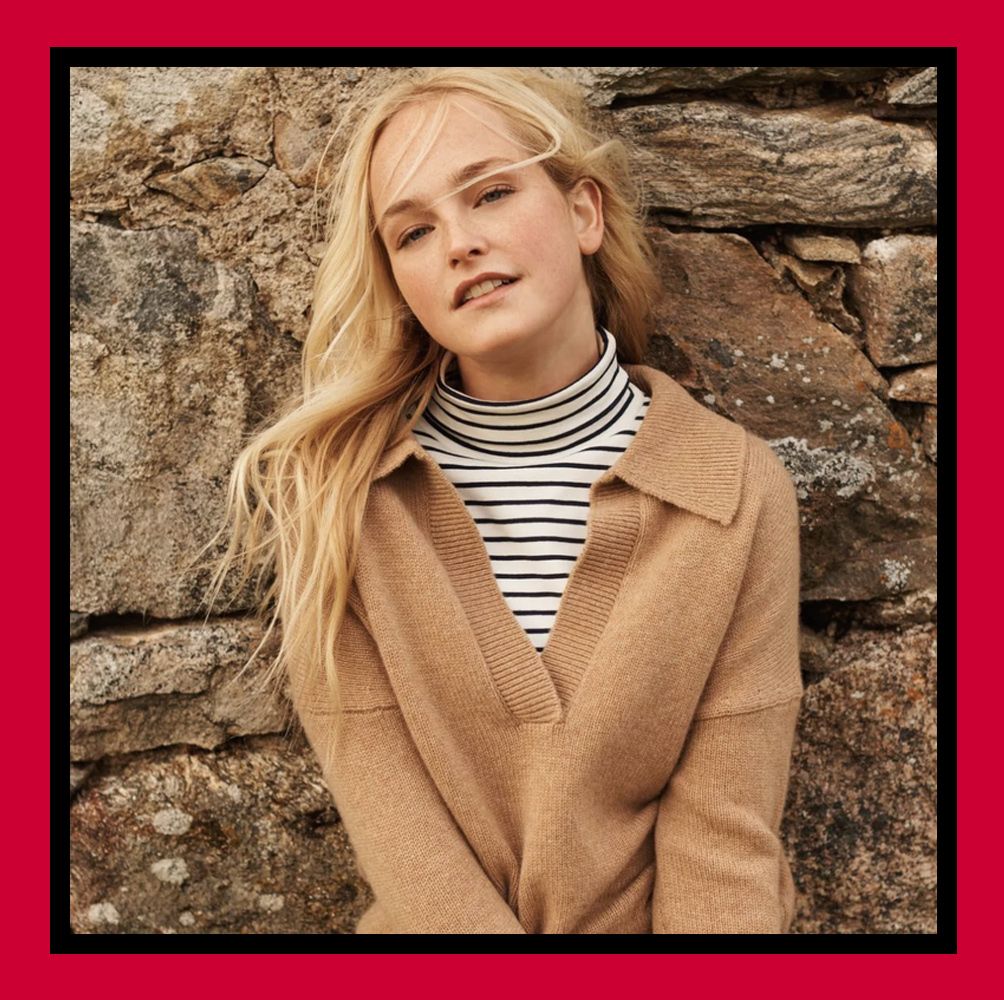 Boden's cashmere jumper in camel has the open collar of the season
