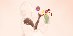 line illustration of curvy woman smelling flowers
