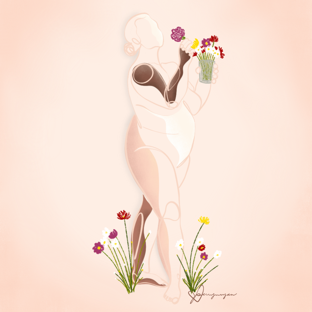 line illustration of curvy woman smelling flowers
